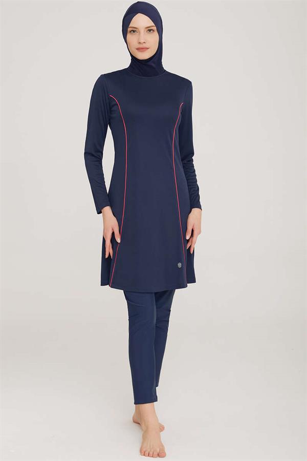 Side Stripe Detailed Hijab Burkini Dark Navy Blue
