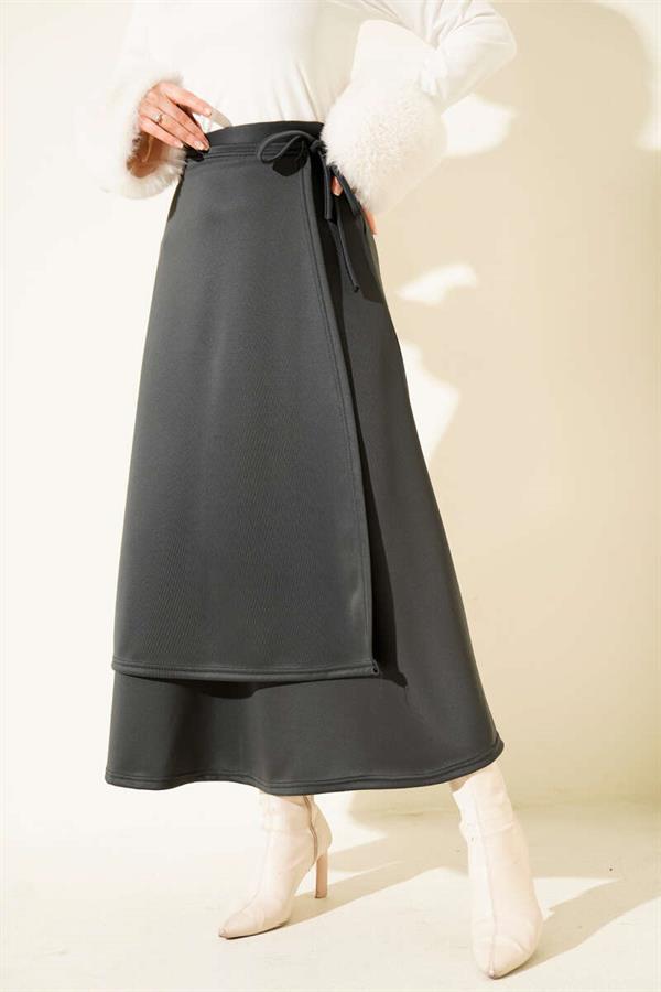 Side Tie-Up Scuba Skirt, Smoke Grey