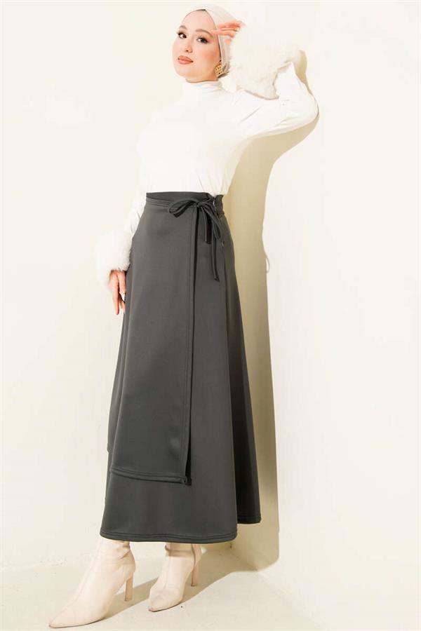 Side Tie-Up Scuba Skirt, Smoke Grey