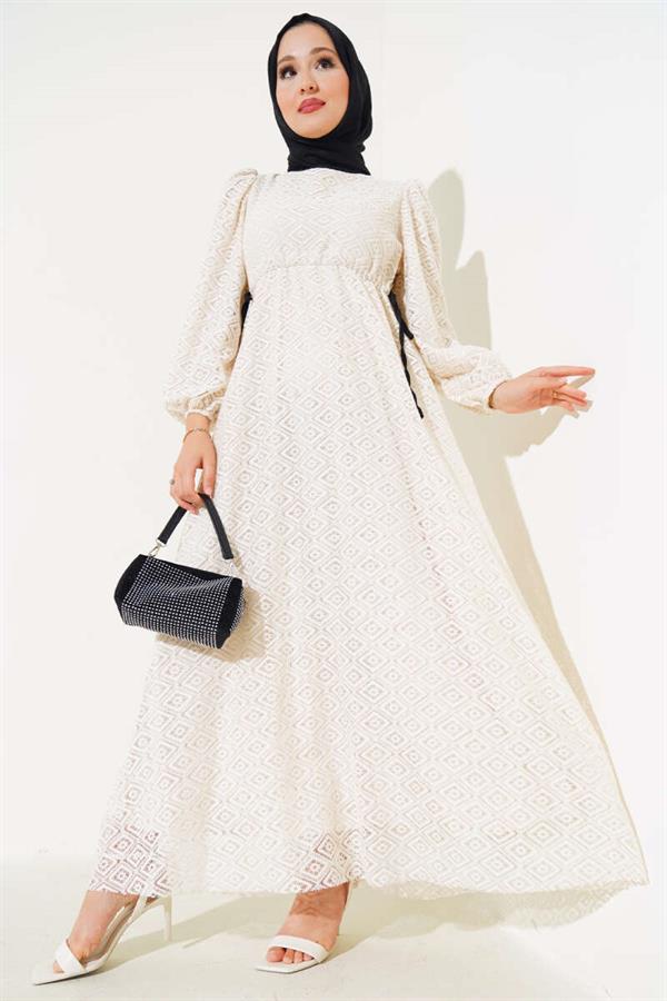 Lace Dress with Side Rope Tie Beige