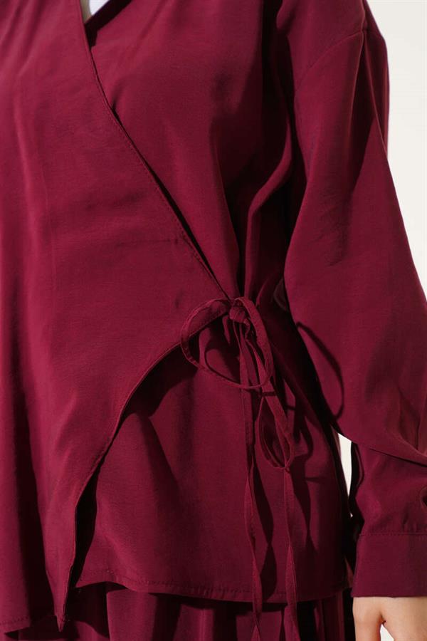 2 Piece Set with Side Rope Tie and Skirt, Burgundy
