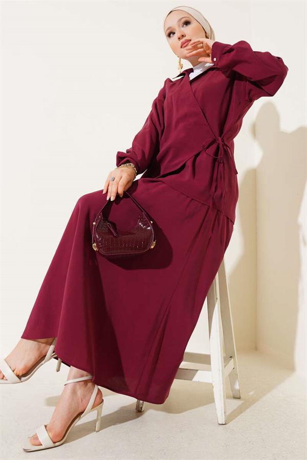 2 Piece Set with Side Rope Tie and Skirt, Burgundy