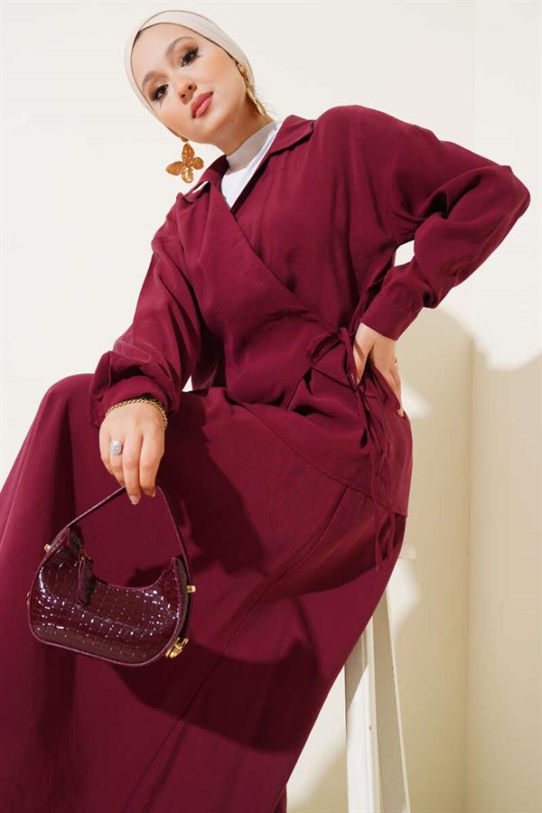 2 Piece Set with Side Rope Tie and Skirt, Burgundy