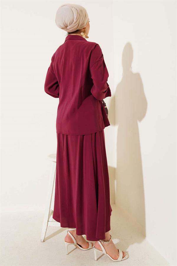 2 Piece Set with Side Rope Tie and Skirt, Burgundy