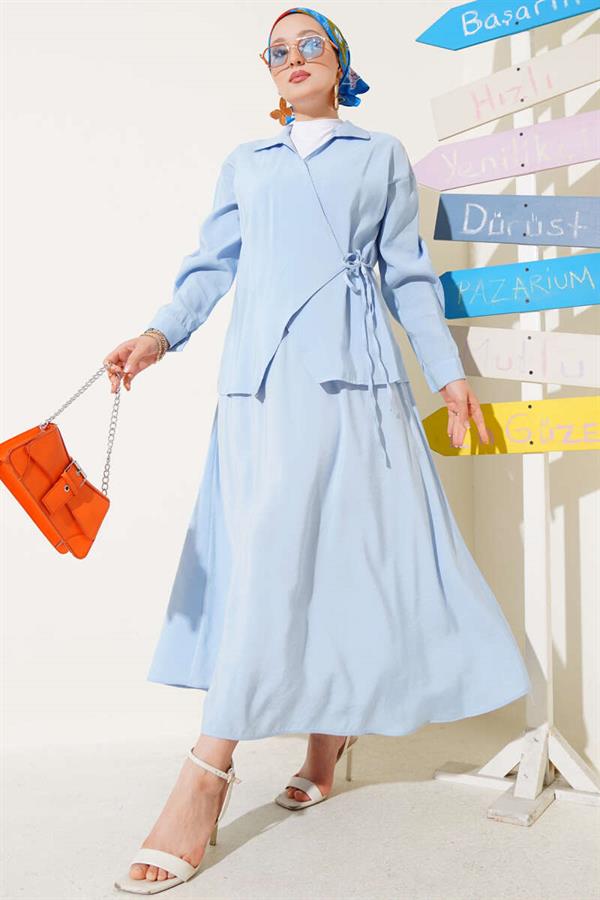 2 Piece Set with Side Rope Tie and Skirt Blue