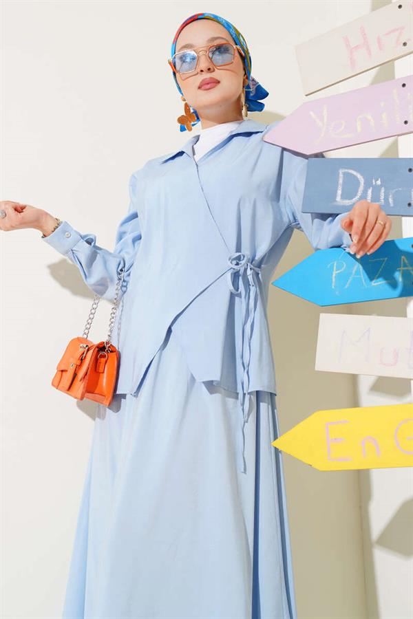 2 Piece Set with Side Rope Tie and Skirt Blue