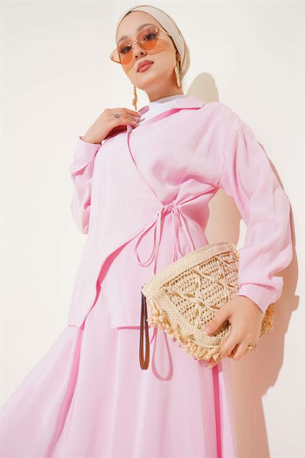 Pink 2 Piece Set with Side Rope Tie and Skirt