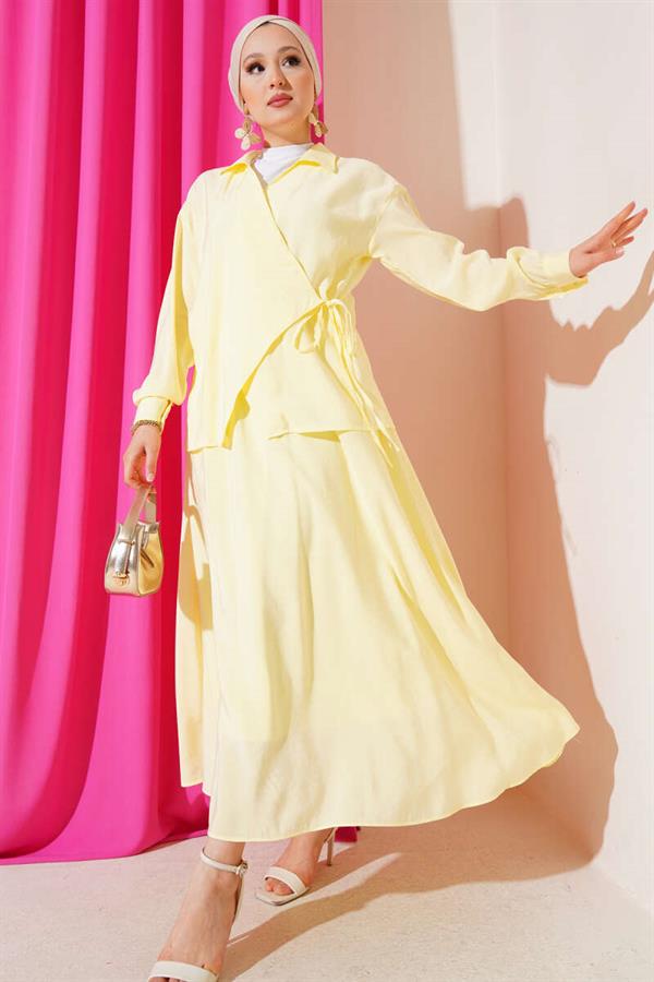 Two Piece Yellow Skirted Suit with Side Rope Tie