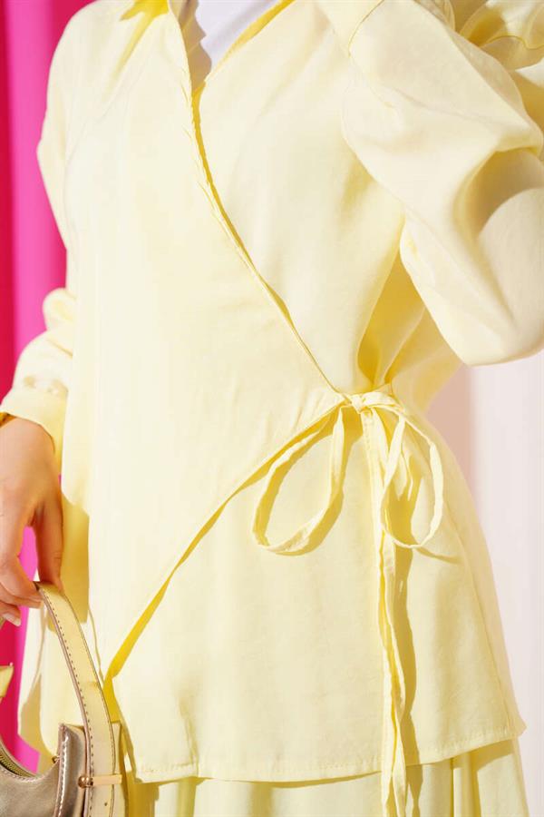 Two Piece Yellow Skirted Suit with Side Rope Tie
