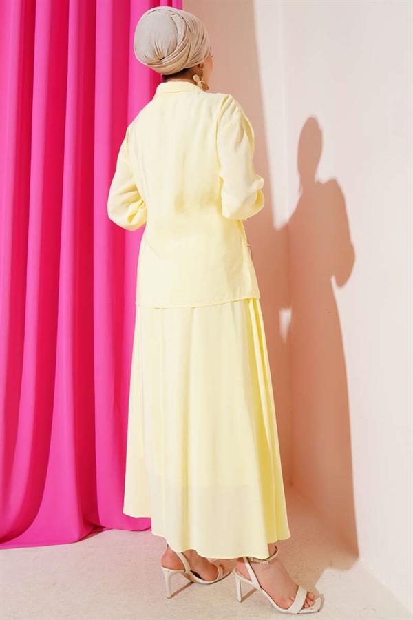 Two Piece Yellow Skirted Suit with Side Rope Tie