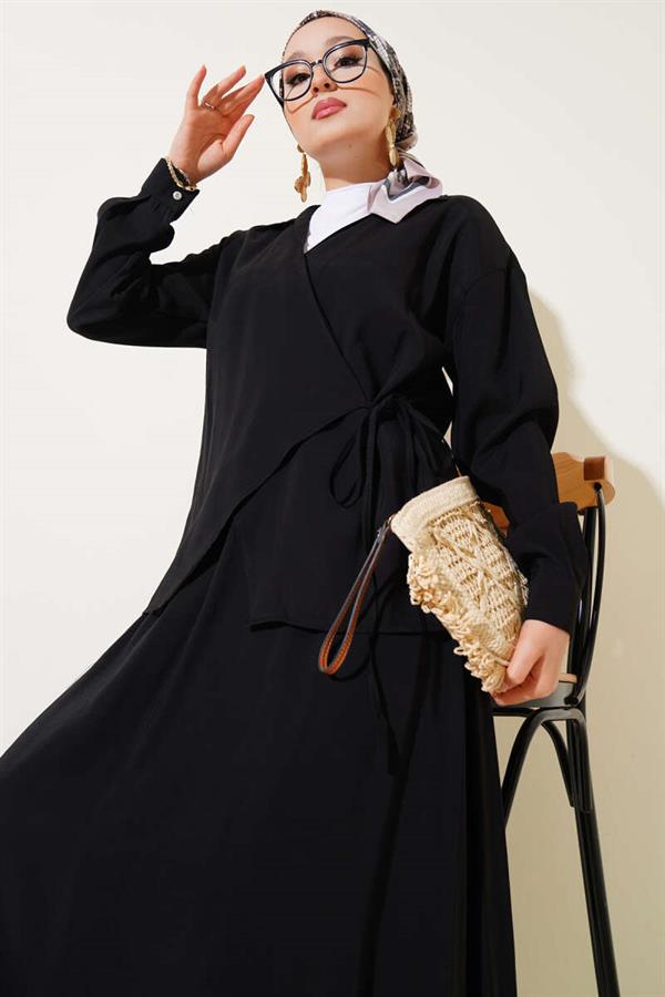 Two Piece Skirted Suit with Side Rope Tie, Black