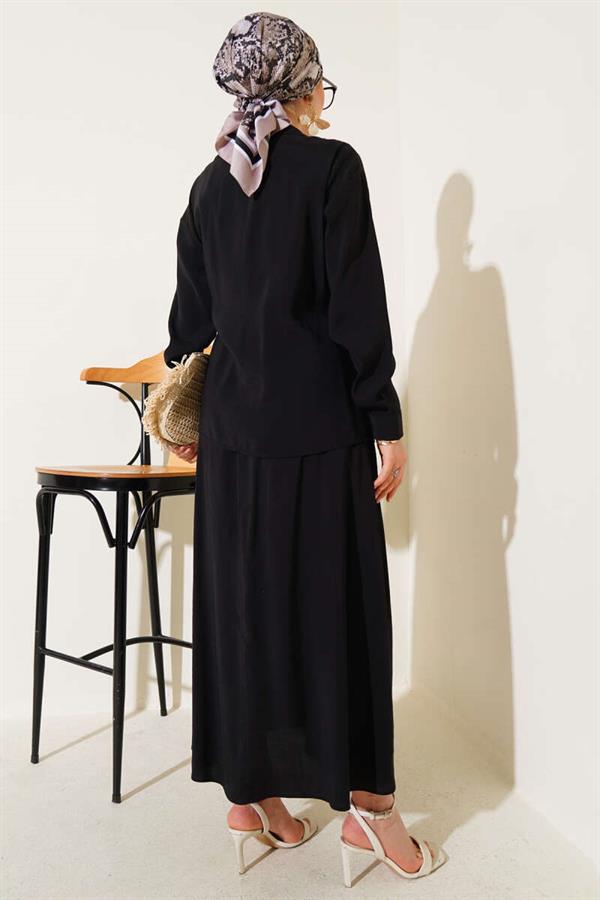 Two Piece Skirted Suit with Side Rope Tie, Black