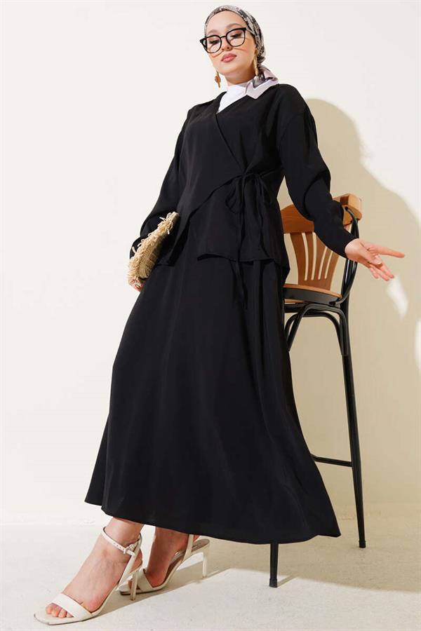 Two Piece Skirted Suit with Side Rope Tie, Black