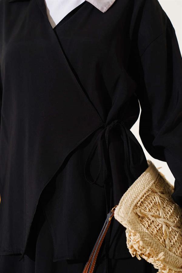 Two Piece Skirted Suit with Side Rope Tie, Black