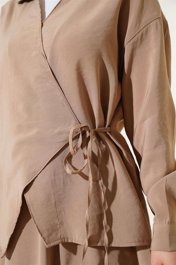 Two Piece Mink Suit with Side Rope Tie and Skirt