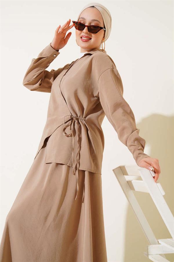 Two Piece Mink Suit with Side Rope Tie and Skirt