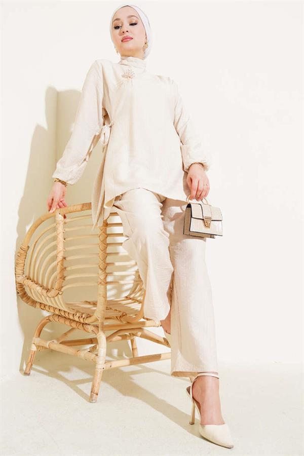 Side Tie Tunic 2 Piece Set Beige
