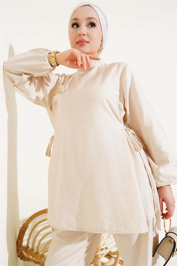 Side Tie Tunic 2 Piece Set Beige