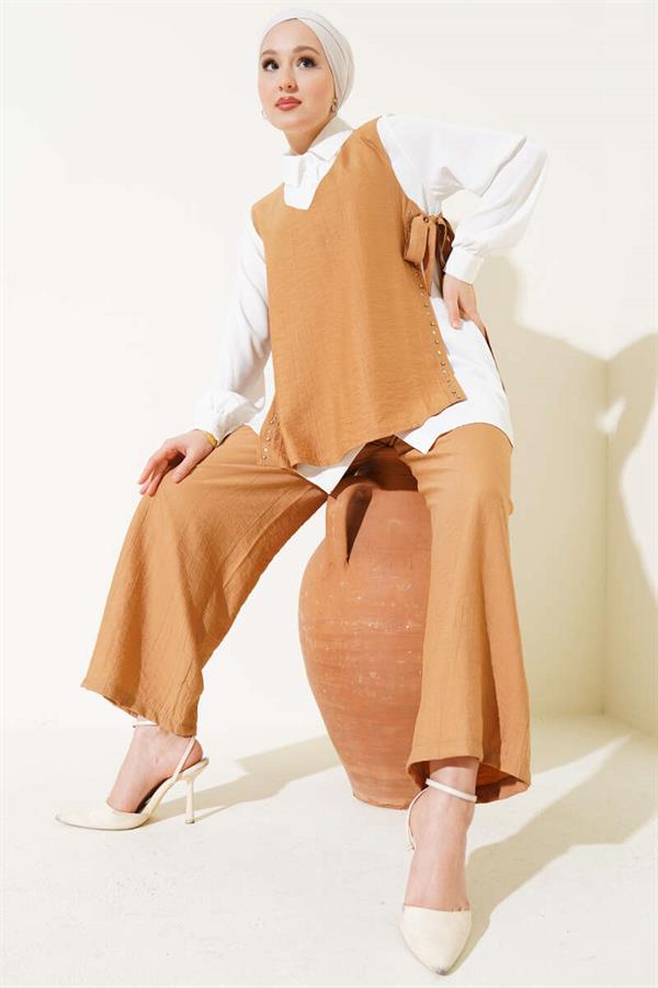 Three Piece Set Camel with Side Tie