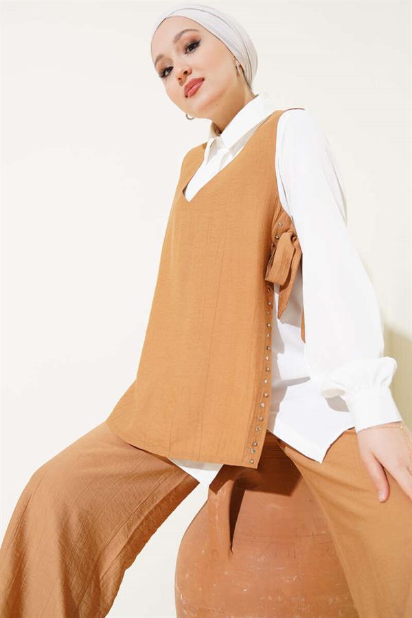 Three Piece Set Camel with Side Tie