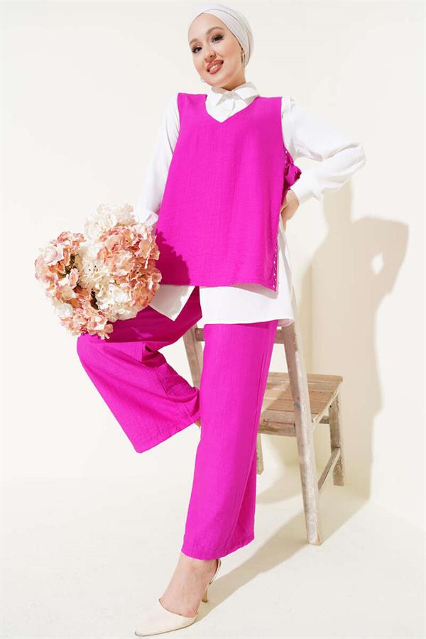 Side Tie Three Piece Suit Fuchsia