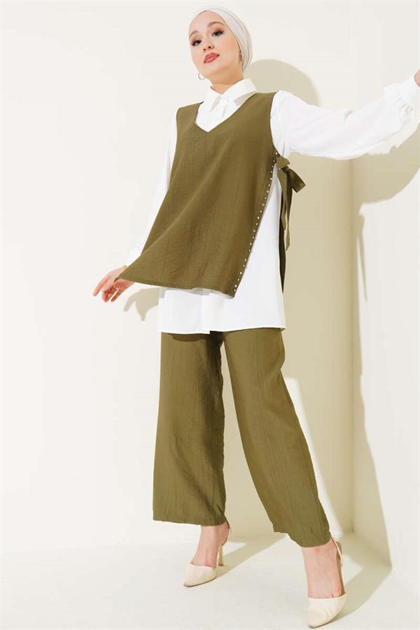 Three Piece Suit Khaki with Side Ties