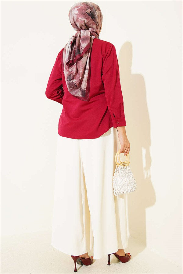 Burgundy Shirt with Button Detail on the Sides