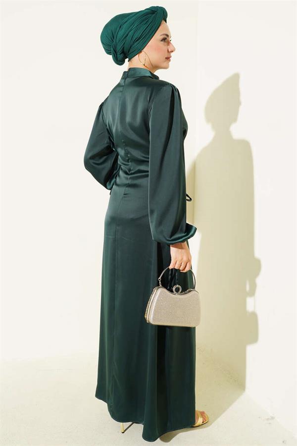 Satin Dress with Side Lace Detail Emerald