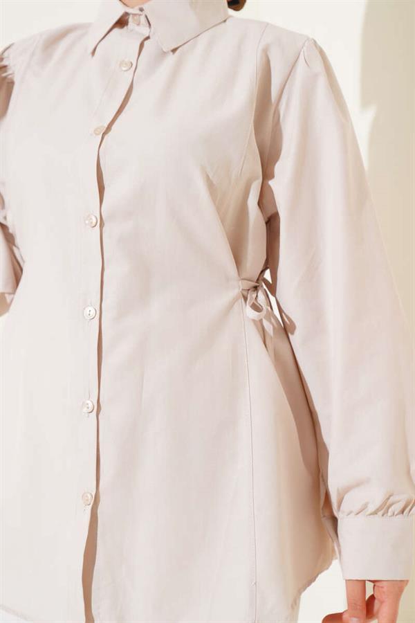 Basic Shirt with Side Rope Ties Beige