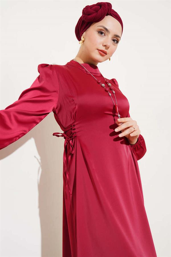 Satin Dress with Side Rope Ties Burgundy