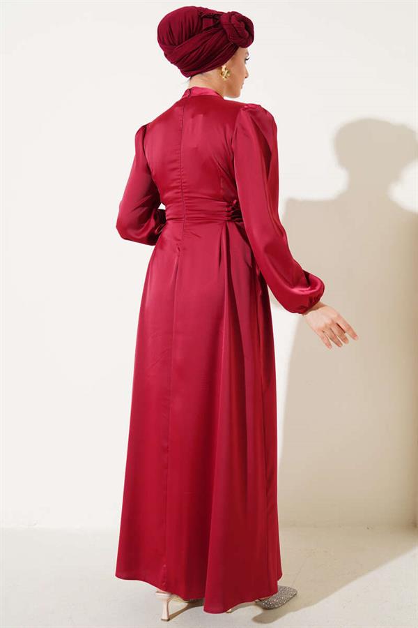 Satin Dress with Side Rope Ties Burgundy