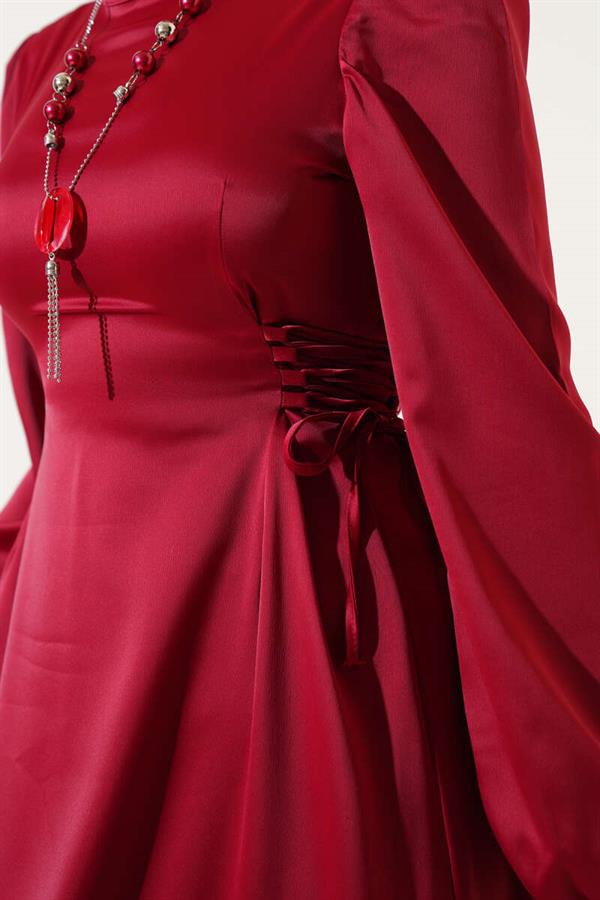 Satin Dress with Side Rope Ties Burgundy