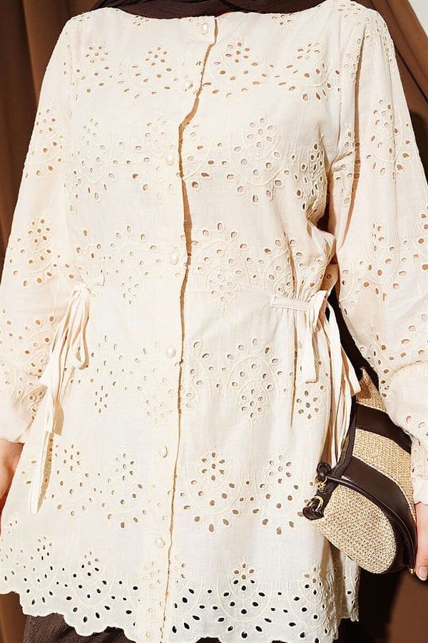 Embroidered Shirt with Tie-Down Sides, Beige