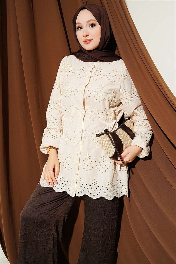 Embroidered Shirt with Tie-Down Sides, Beige