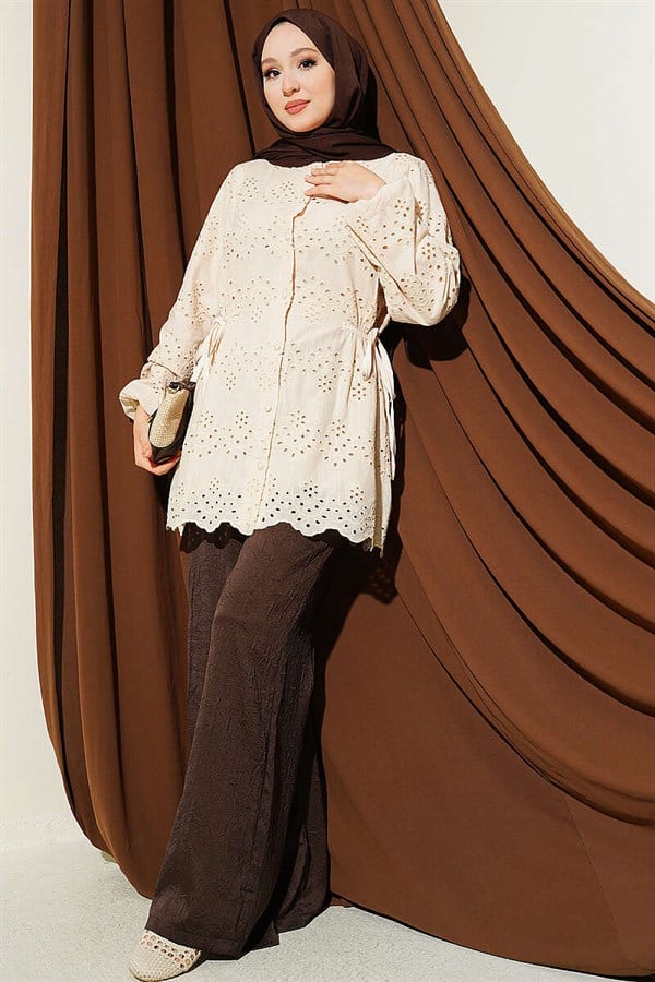 Embroidered Shirt with Tie-Down Sides, Beige