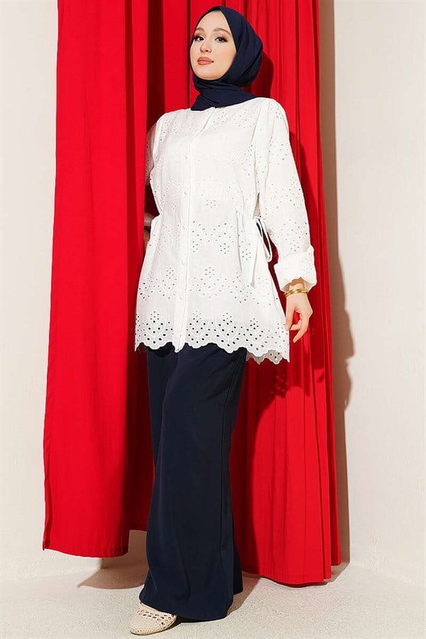 Embroidered Shirt with Tie-Down Sides, Ecru