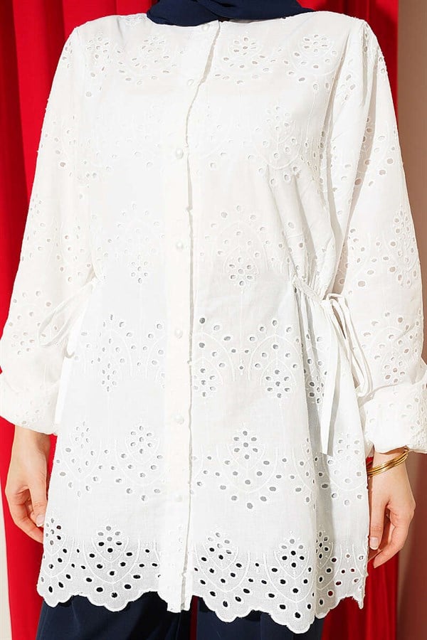 Embroidered Shirt with Tie-Down Sides, Ecru