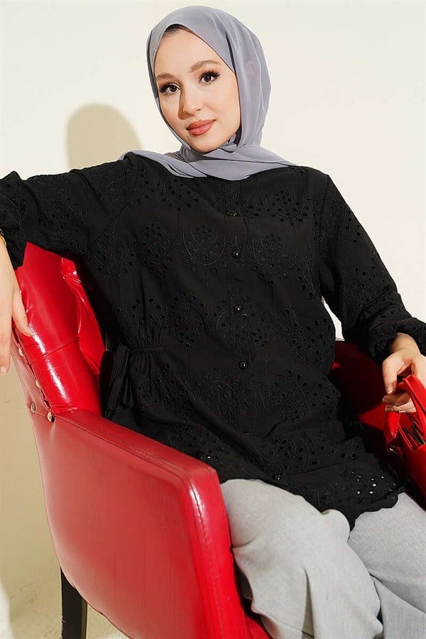 Embroidered Shirt with Tie-Down Sides, Black