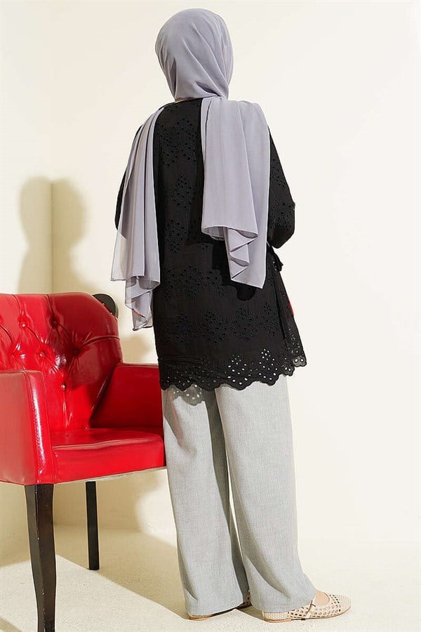 Embroidered Shirt with Tie-Down Sides, Black