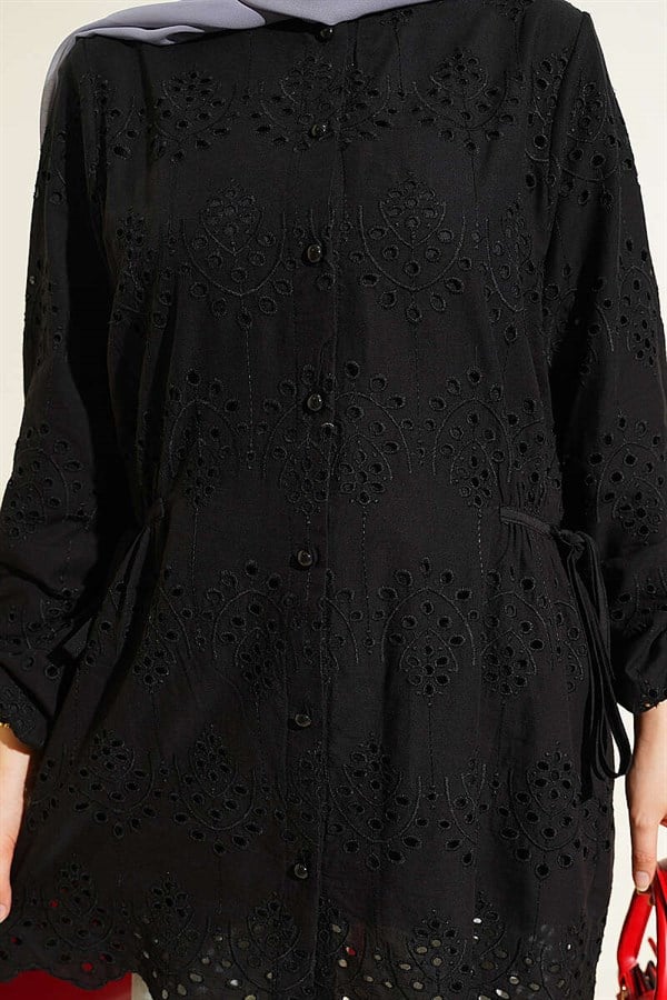 Embroidered Shirt with Tie-Down Sides, Black