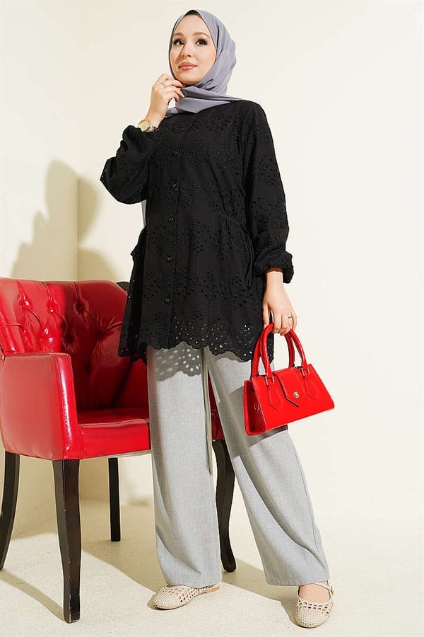 Embroidered Shirt with Tie-Down Sides, Black