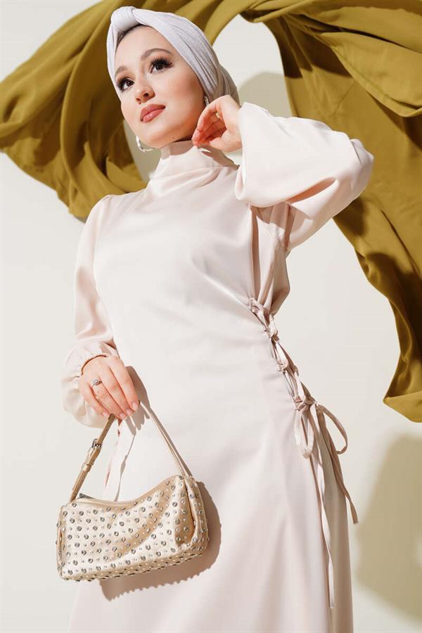 Satin Dress with Side Rope Ties, Beige