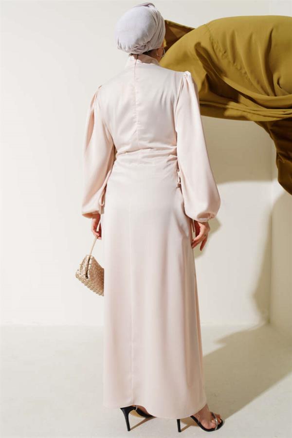 Satin Dress with Side Rope Ties, Beige