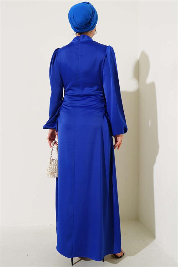 Satin Dress with Side Rope Ties in Saxe