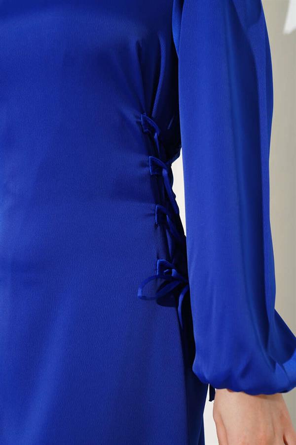 Satin Dress with Side Rope Ties in Saxe