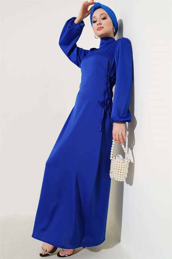 Satin Dress with Side Rope Ties in Saxe