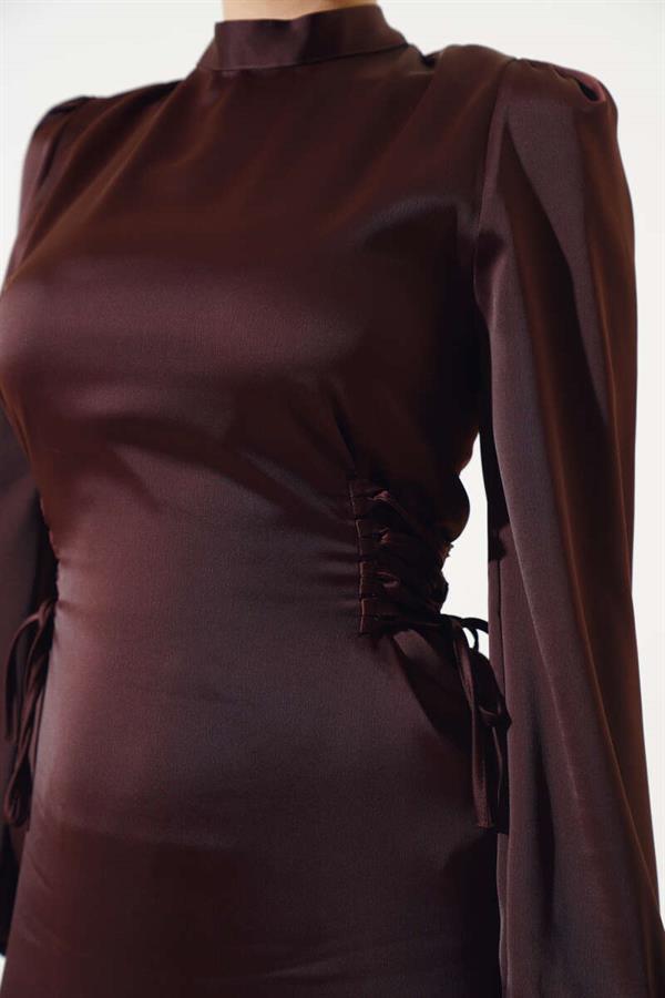 Satin Dress with Side Rope Detail, Bitter Brown