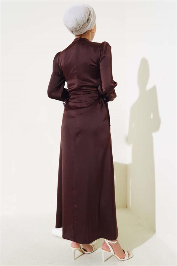 Satin Dress with Side Rope Detail, Bitter Brown