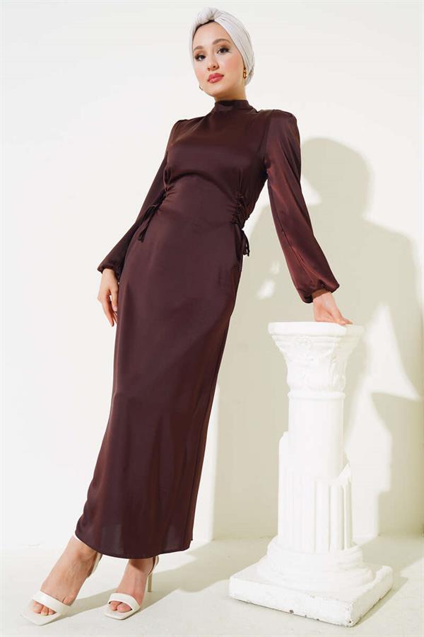 Satin Dress with Side Rope Detail, Bitter Brown