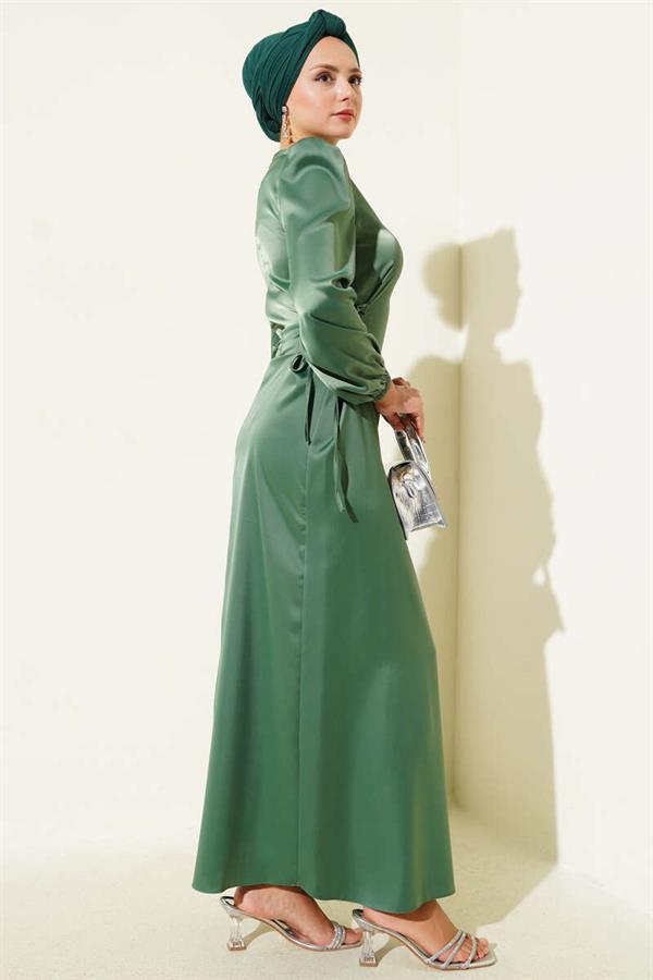 Satin Dress with Side Rope Detail, Almond Green